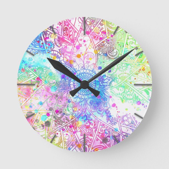 Cute flower henna hand drawn design watercolors round clock (Front)