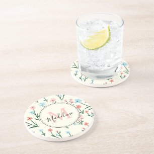Cute Flower Ivory White Elegant Pink Monogram Coaster