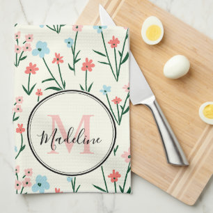 Cute Flower Ivory White Elegant Pink Monogram Kitchen Towel