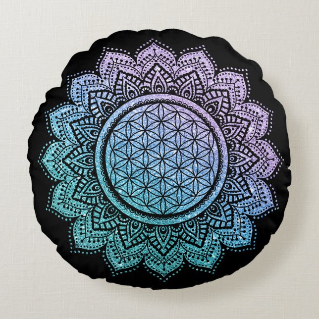 Cute flower of life Mandala glitter meditation  Round Pillow (Front)