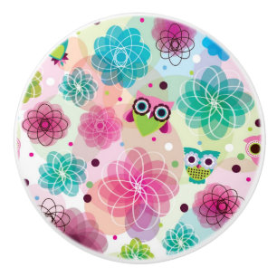 Cute flower owl background pattern ceramic knob