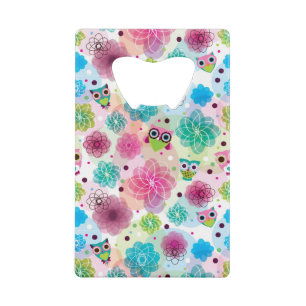 Cute flower owl background pattern credit card bottle opener