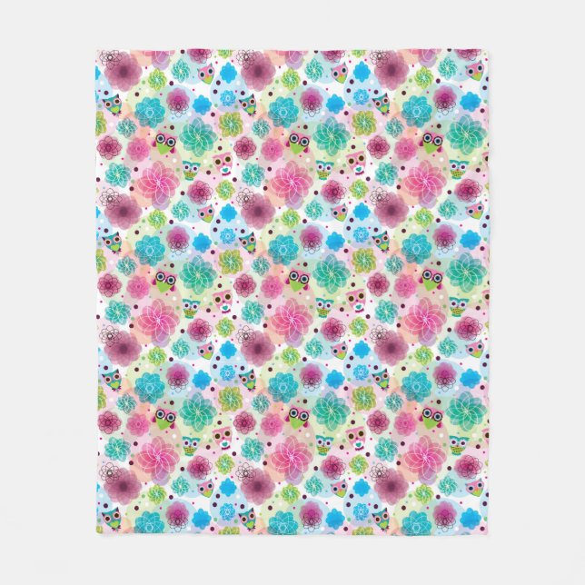 Cute flower owl background pattern fleece blanket (Front)