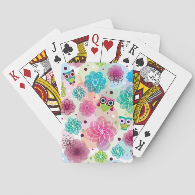 Cute flower owl background pattern playing cards (Back)