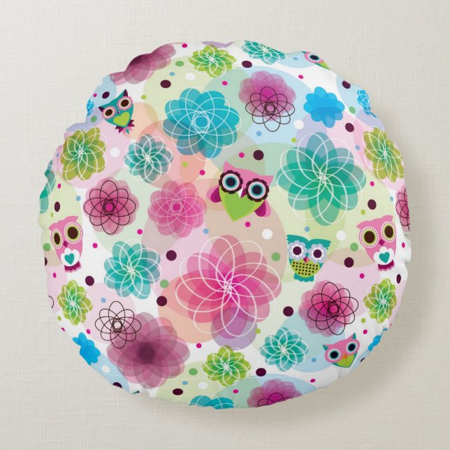 Cute flower owl background pattern round pillow (Front)