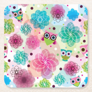 Cute flower owl background pattern square paper coaster