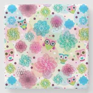 Cute flower owl background pattern stone coaster