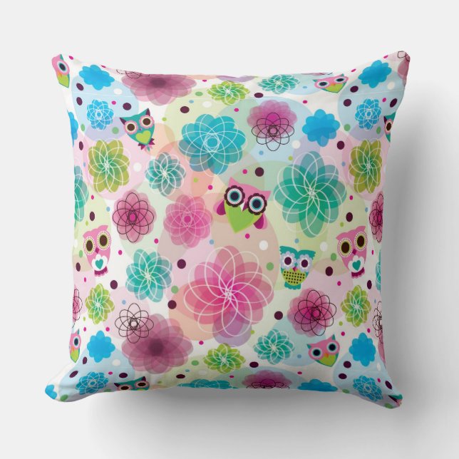 Cute flower owl background pattern throw pillow (Front)