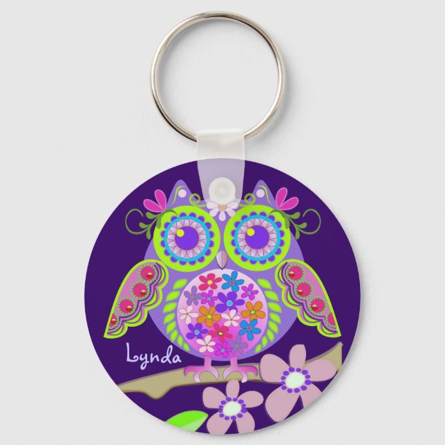 Cute Flower Power Owl with Name keychain (Front)
