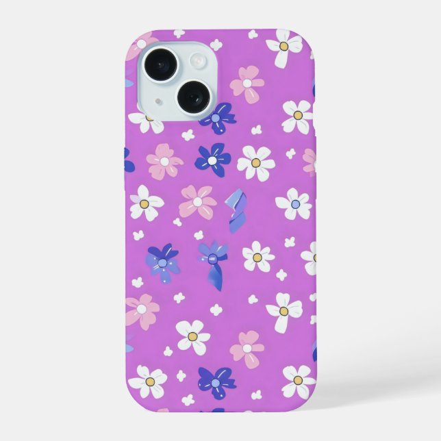 Cute Flower Purple Pattern iPhone 15 Case (Back)
