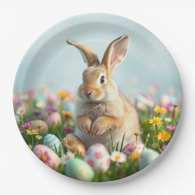 Cute Flowers and  Bunny Easter Party  Paper Plate (Front)