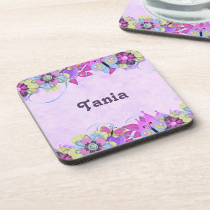 Cute flowers and butterflies on purple coaster