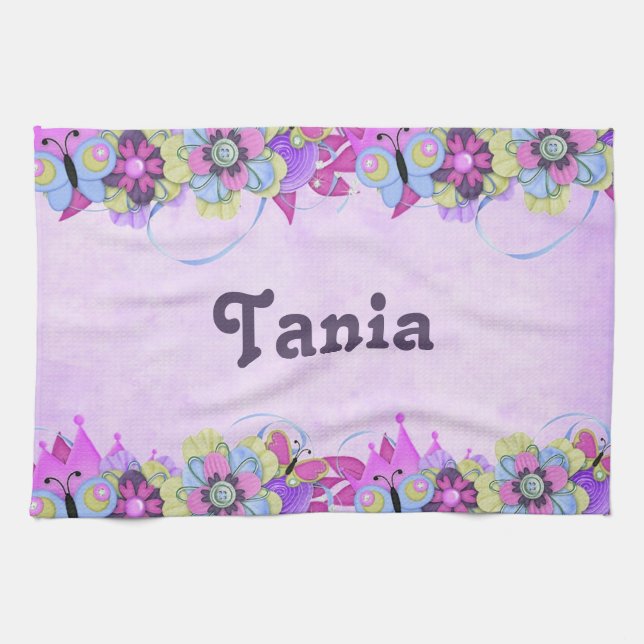 Cute flowers and butterflies on purple kitchen towel (Horizontal)