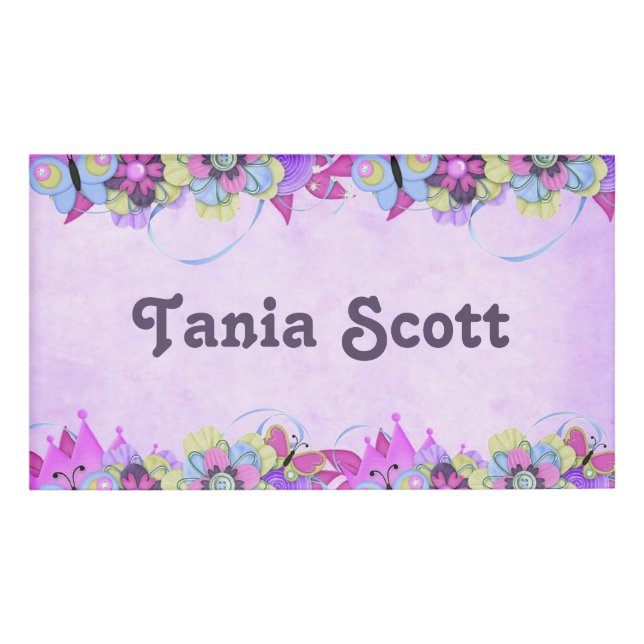 Cute flowers and butterflies on purple name tag (Front)
