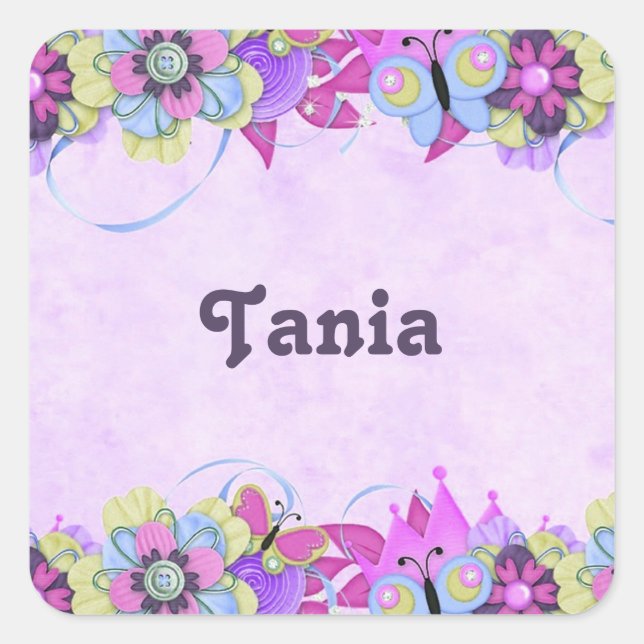 Cute flowers and butterflies on purple square sticker (Front)