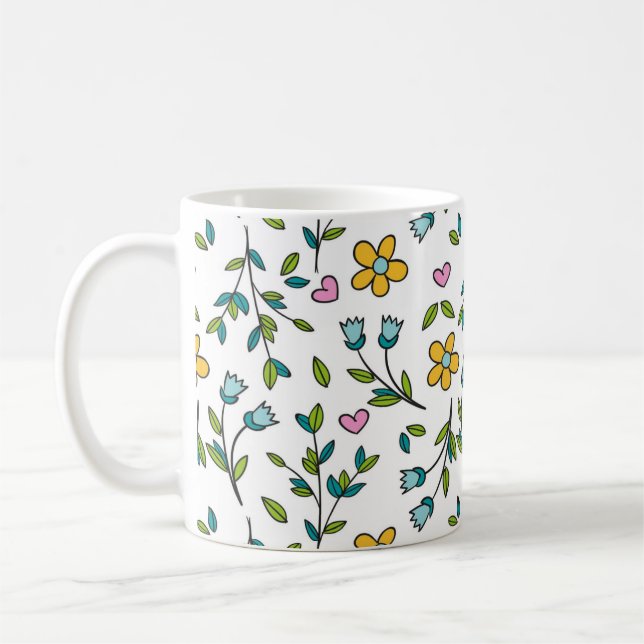 Cute Flowers and Hearts Light Pattern Coffee Mug (Left)