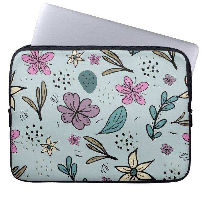 Cute Flowers and Leaves illustrated Pattern Blue Laptop Sleeve (Front)