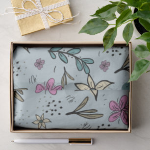 Cute Flowers and Leaves illustrated Pattern Blue Tissue Paper