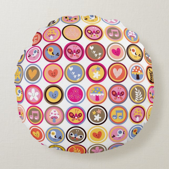 cute flowers, birds, hearts pattern round pillow (Front)