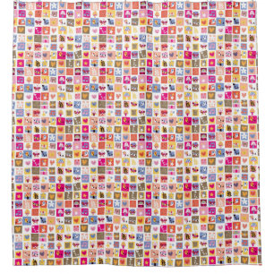 cute flowers, birds, hearts squares pattern