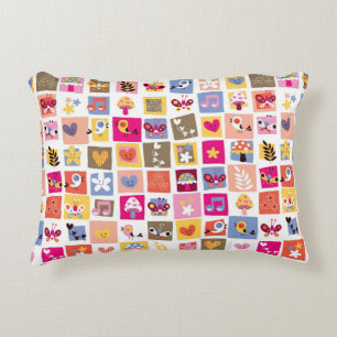 cute flowers, birds, hearts squares pattern accent pillow