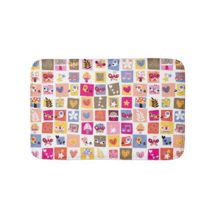 cute flowers, birds, hearts squares pattern bath mat