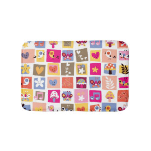 cute flowers, birds, hearts squares pattern bath mat