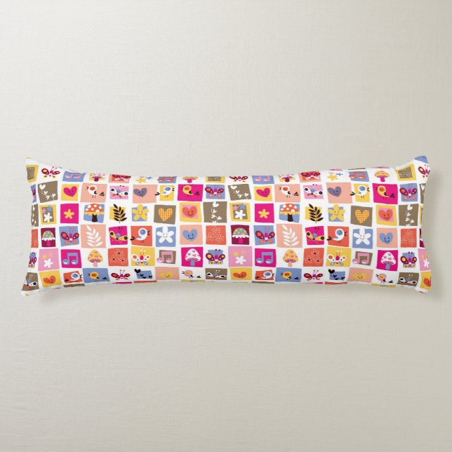 cute flowers, birds, hearts squares pattern body pillow (Front)