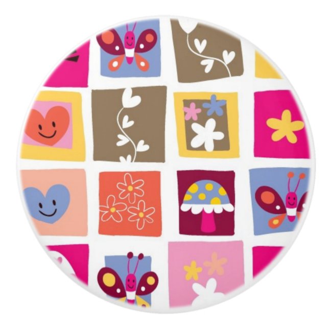 cute flowers, birds, hearts squares pattern ceramic knob (Front)