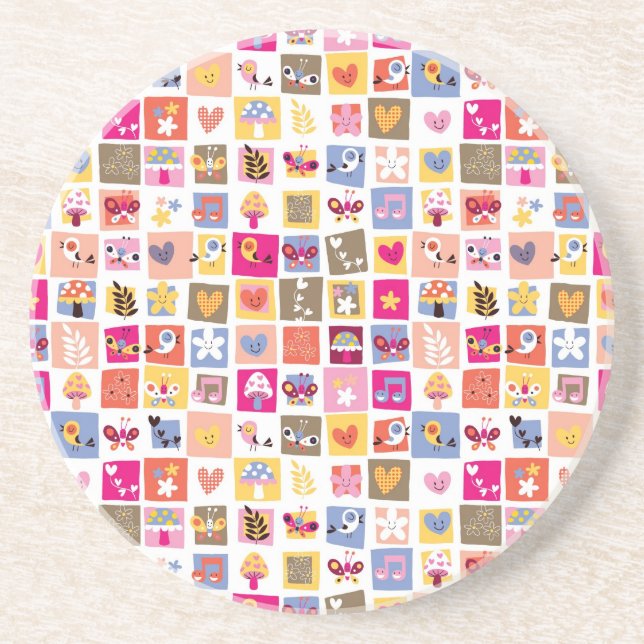 cute flowers, birds, hearts squares pattern coaster (Front)