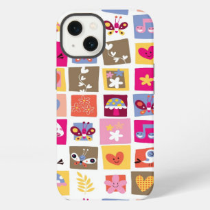 cute flowers, birds, hearts squares pattern iPhone 13 case