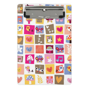 cute flowers, birds, hearts squares pattern mini clipboard