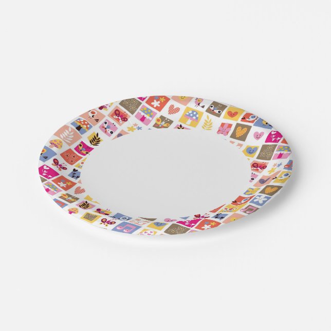 cute flowers, birds, hearts squares pattern paper plate (Angled)