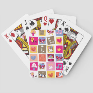 cute flowers, birds, hearts squares pattern playing cards