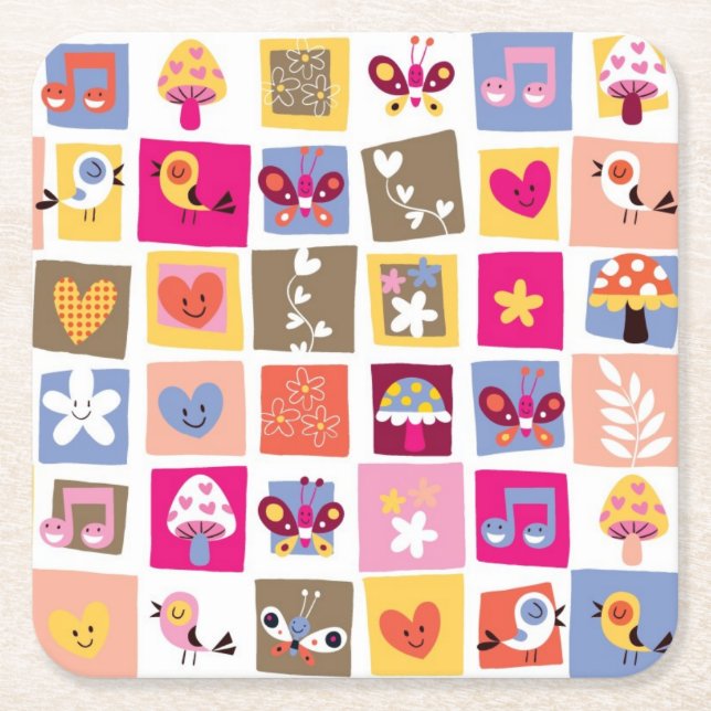 cute flowers, birds, hearts squares pattern square paper coaster (Front)