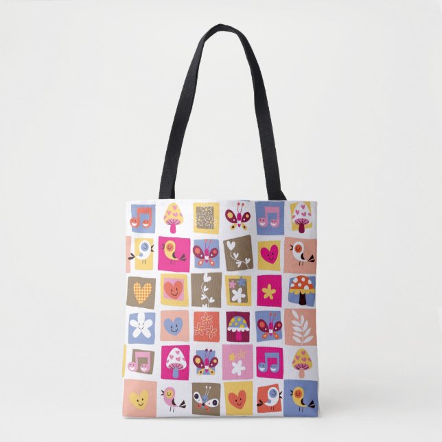 cute flowers, birds, hearts squares pattern tote bag (Front)