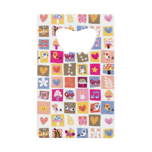 cute flowers, birds, hearts squares pattern wallet bottle opener