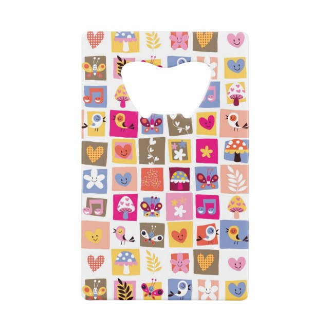 cute flowers, birds, hearts squares pattern wallet bottle opener (Front)