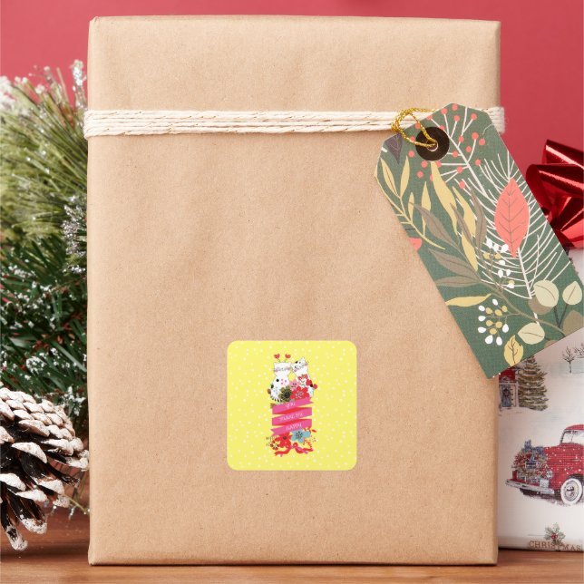 Cute Flowers Cats Sweethearts Square Sticker (Holiday)