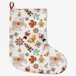 Cute Flowers Christmas Pattern with Santa Large Christmas Stocking