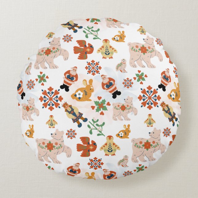 Cute Flowers Christmas Pattern with Santa Round Pillow (Front)