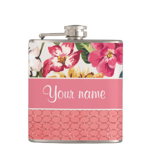 Cute Flowers Faux Pink Glitter Circles Hip Flask