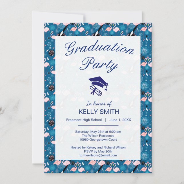 Cute flowers flamingos pattern graduation party invitation (Front)