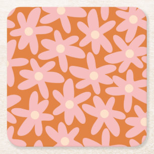 Cute Flowers Floral Pattern in Orange and Pink Square Paper Coaster
