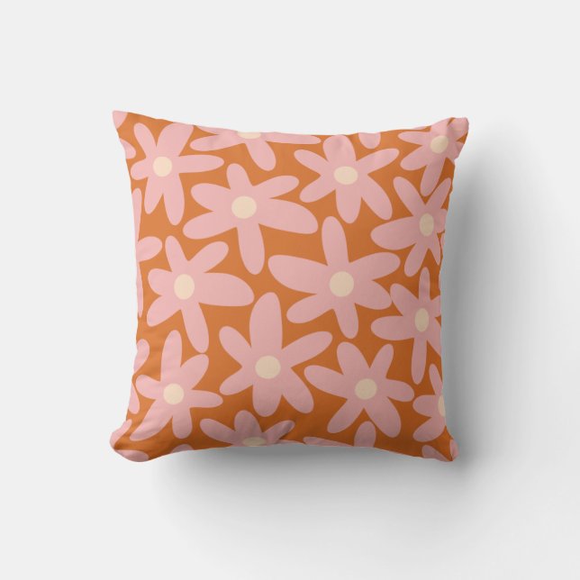 Cute Flowers Floral Pattern in Orange and Pink Throw Pillow (Front)
