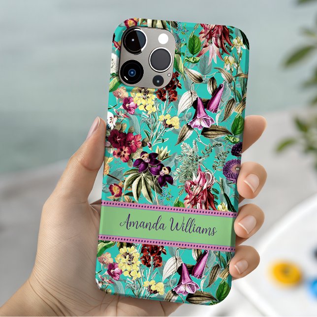 Cute flowers leaves aqua mint monogram pattern Case-Mate iPhone case (Creator Uploaded)