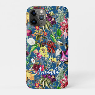 Cute flowers leaves blue monogram pattern iPhone 11 pro case