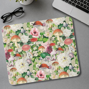 Cute flowers mushroom fungi beige garden  mouse pad