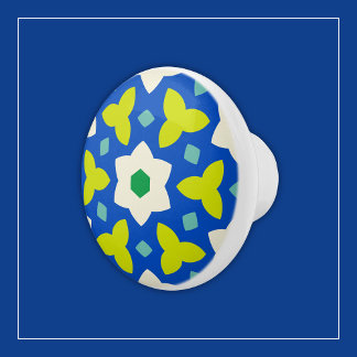 Cute Flowers on Blue and Green Geometric Floral Ceramic Knob