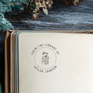 Cute Flowers on Pile of Books Custom Library Self-inking Stamp